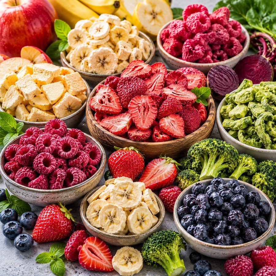 Dried and freeze-dried fruit and vegetables — strawberry, raspberry, banana, broccoli