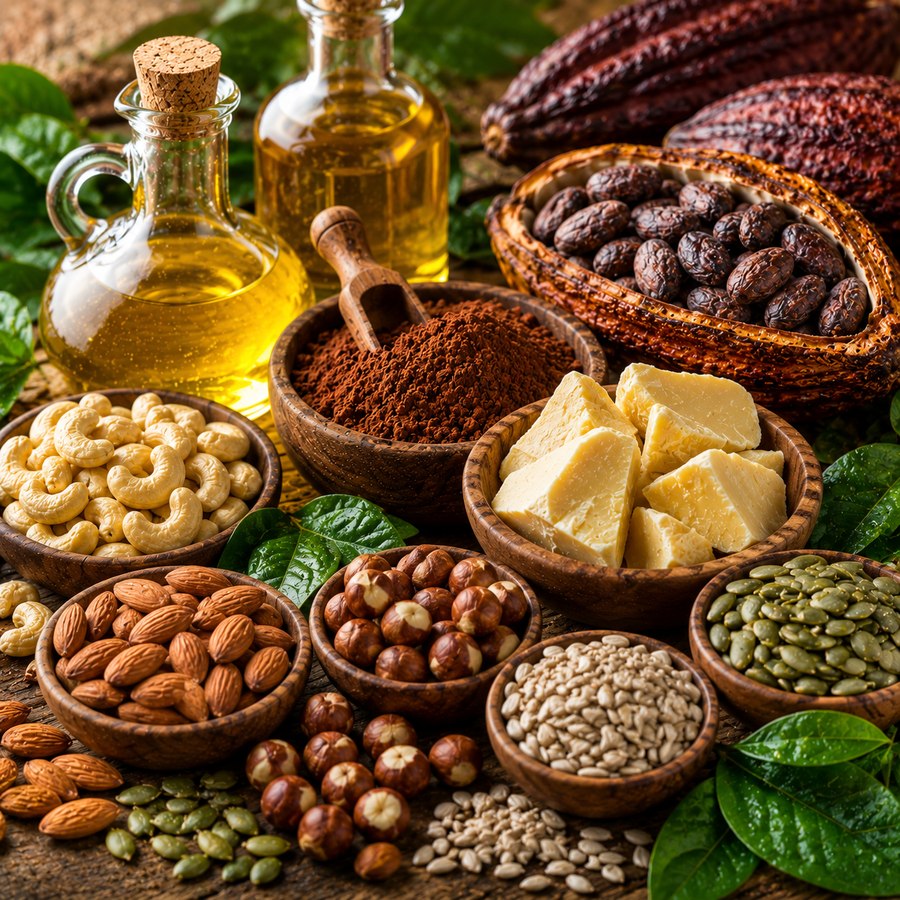 Vegetable oils, cocoa beans, cocoa butter and cocoa powder