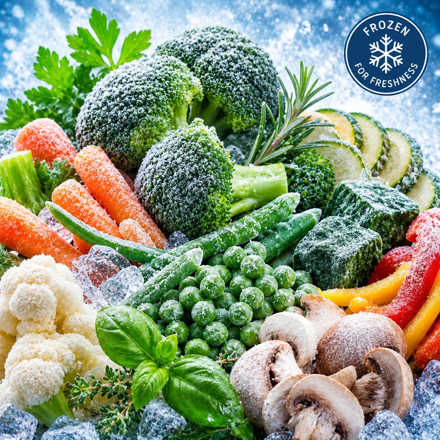 Frozen vegetables, mushrooms and herbs — broccoli, cauliflower, green beans, mushrooms